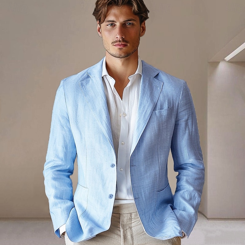 Men's 100% Linen Blazer Jacket Wedding Party Casual Elegant Vacation Summer Spring Linen Blue Linen Blazer Solid Color Single Breasted Two-button Blazer Blue Beige2