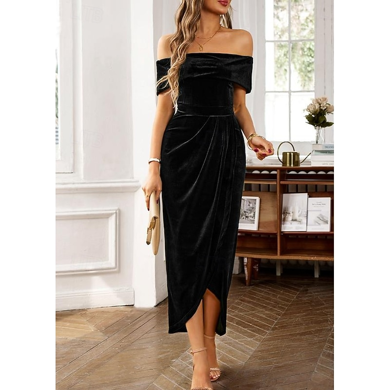 Women's Black Dress Velvet Maxi Dress Ruched Split Thigh Casual Off Shoulder Short Sleeve Black Color3