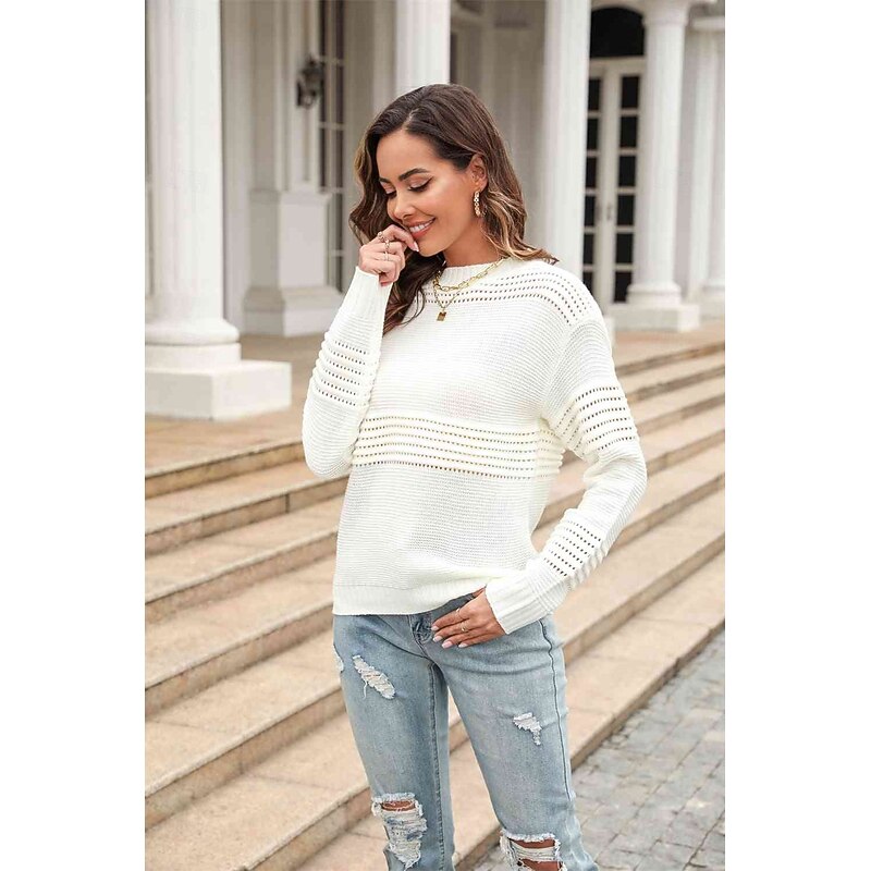 Women's Sweater Stylish Solid Color Crew Neck Braided Long Sleeve Regular Tops Knit Work White Pink Fall Winter3