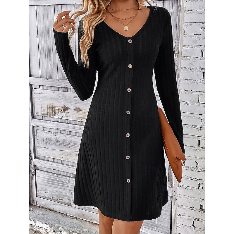 Women's Little Black Dress A Line Dress Fashion Workfashion Long Dress Maxi Dress Button V Neck Long Sleeve Plain Regular Fit Black Pink Green Spring Fall S M L XL 2XL