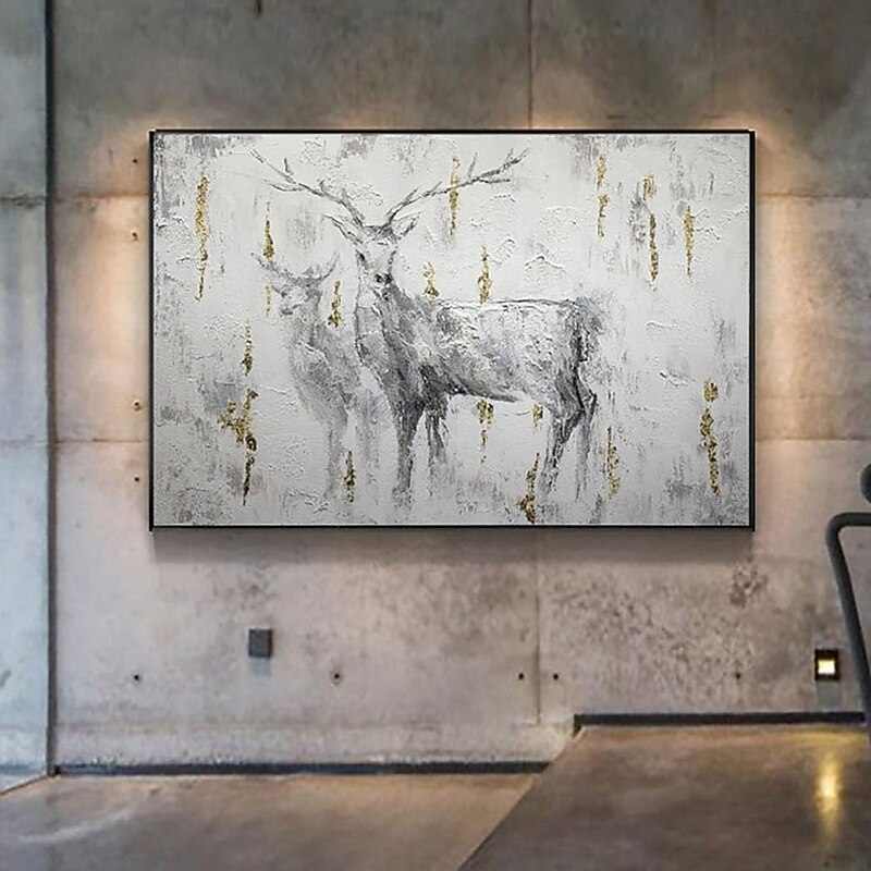 Handmade Oil Painting Canvas Wall Art Decoration Animal Oil Painting Black and White Style Abstract Sika Deer for Home Decor Rolled Frameless Unstretched Painting