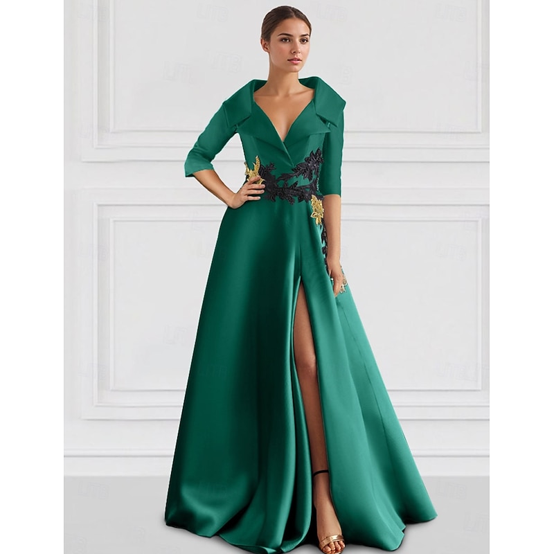 Black A-Line Evening Gown Elegant Dress Tuxedo Dress Formal Floor Length 3/4 Length Sleeve Shirt Collar Pocket Satin with Appliques dress to impress4