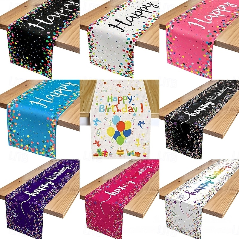 Happy Birthday Table Runner, White Birthday Celebration Party Table Decoration