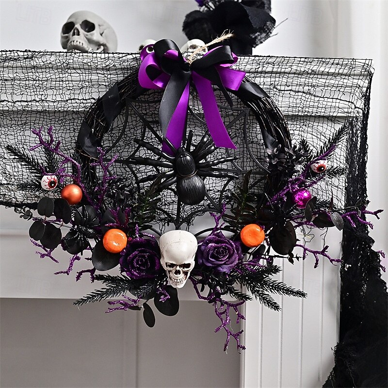 Halloween Wreath with Faux Skull and Christmas Ornaments - Spooky Purple Floral Vine Door Hanging for Haunted House and Scary Party Decor3