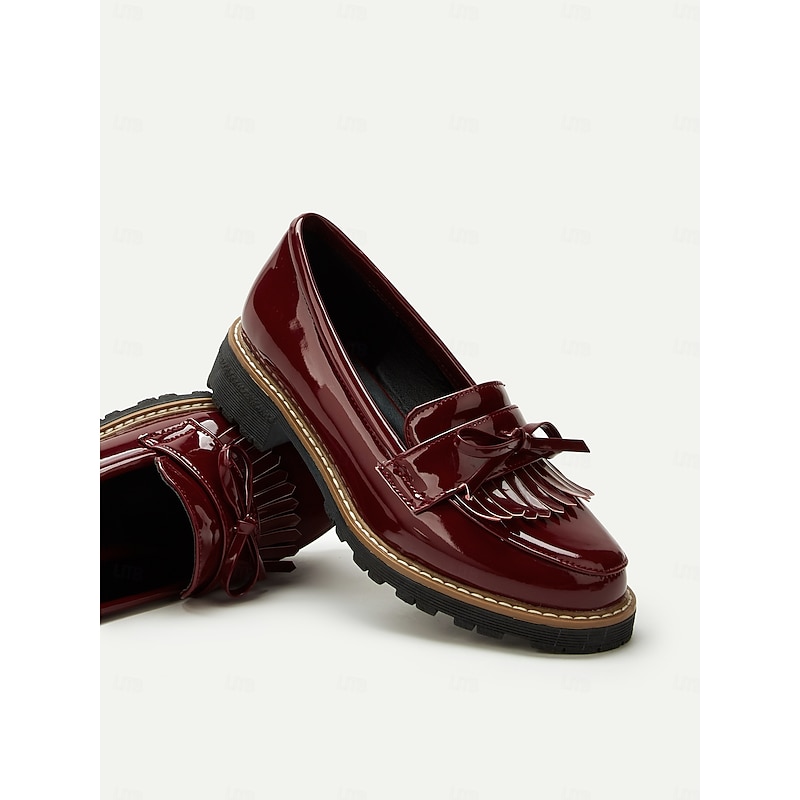 Women's Burgundy Patent Leather Loafers with Fringe Tassel Detail and Chunky Heel, Perfect for Office Wear and Casual Outfits3