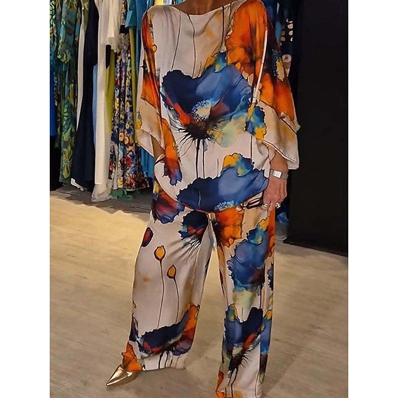 Women's Elegant Vintage Blouse Pants Trousers Long Sleeve Crew Neck Graphic Print Party Work Dailywear Blue Spring Loose Fit