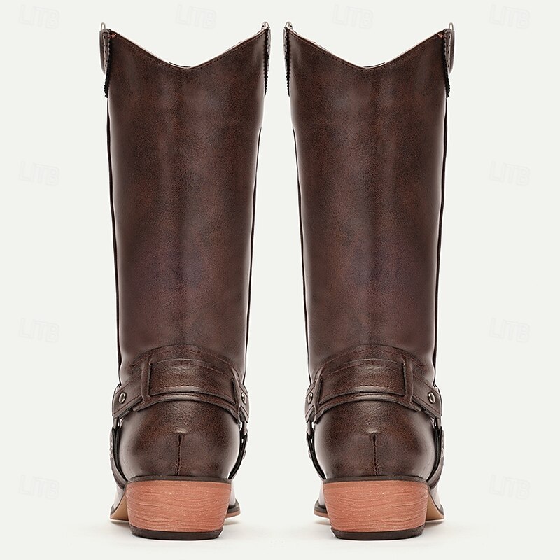 Men's Brown Faux Leather Western Motorcycle Riding Boots - Classic Style with Harness Detail for Equestrian and Casual Wear4