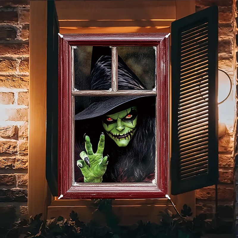 Halloween Window Cover Decorations, Fabric Witches Creepy Halloween Curtain Horror Movie Poster Window Door Covering Decor for Haunted House, Scary Halloween Window Clings Decals Indoor Outdoor2