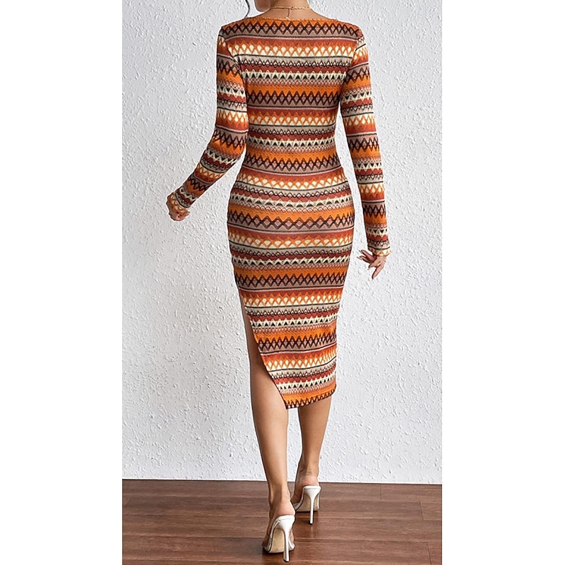 Women's Midi Dress Vintage Dress Boho Dress Elegant Retro Casual Daily Holiday Loose Fit Graphic Geometric Long Sleeve Crew Neck Orange Spring Fall2