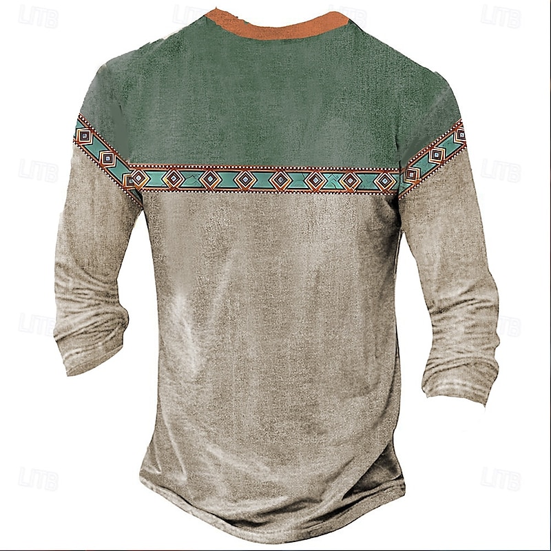 Men's Tribal T Shirt Henley Shirt Long Sleeve 3D Print Designer Retro Vintage Street Casual Daily Summer Spring Fall Lake Blue Navy Blue Brown Green Gray Henley Henley T-Shirt2