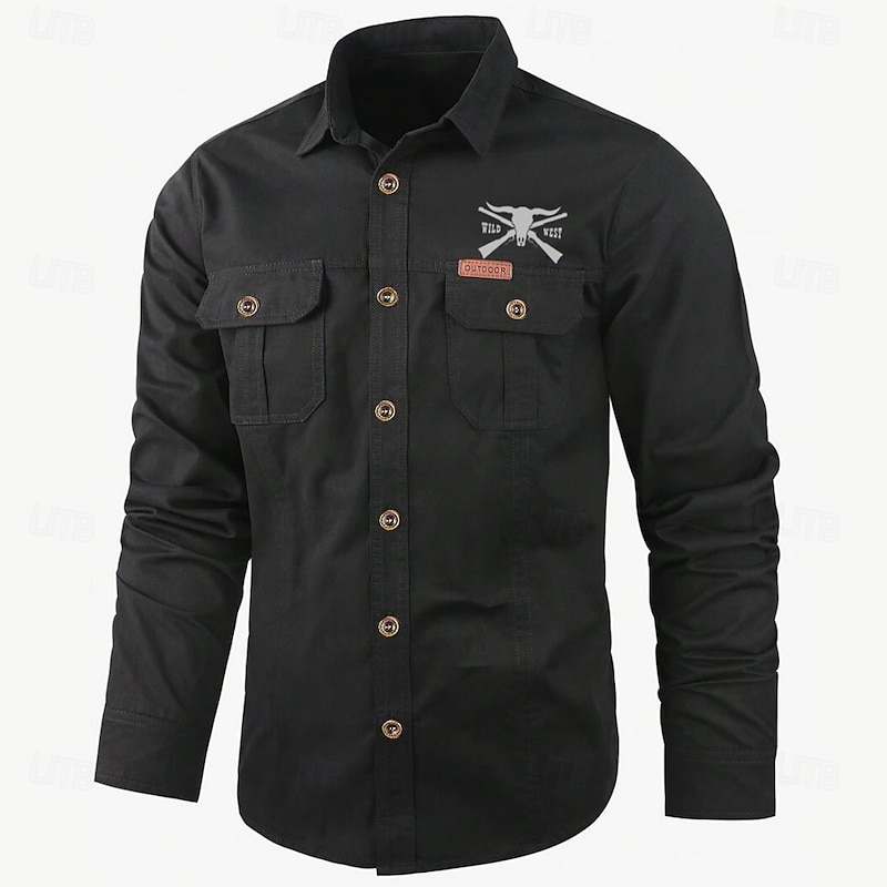Men's Cow Print Work Shirt Western Shirt Cargo Shirt Long Sleeve Casual Tactical Sports & Outdoor Going out Winter Spring &  Fall Turndown Print Black Army Green Khaki Beige3