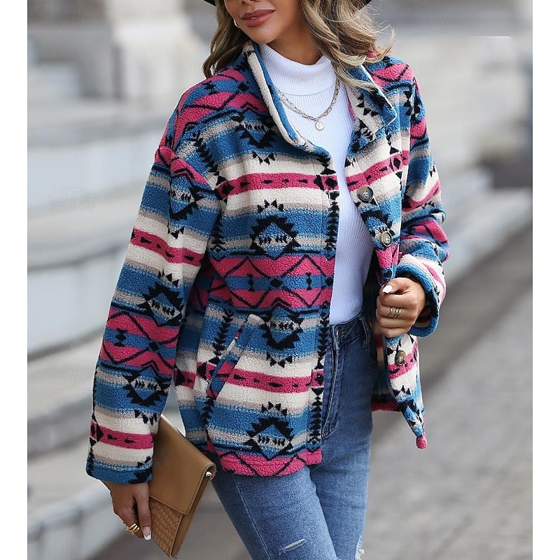 Women's Winter Coat Athleisure Holiday Daily Wear Fall Winter Regular Coat Stand Collar Regular Fit Stylish Casual Jacket Long Sleeve Geometric Slim Fit Blue2