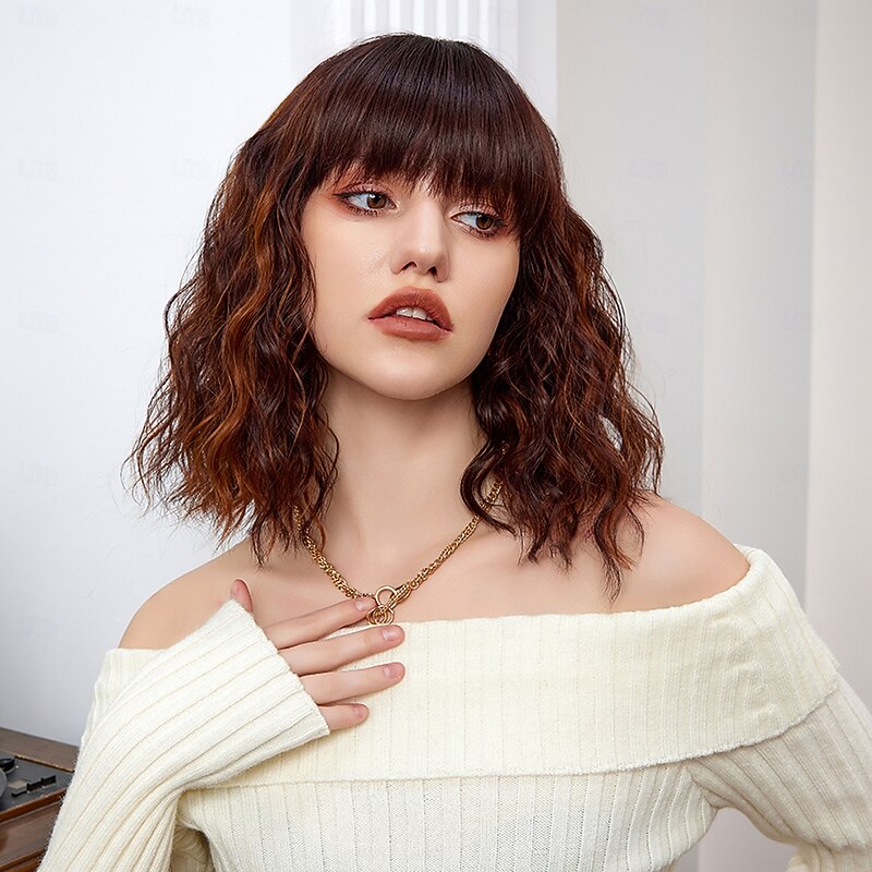 Cosplay Costume Wig Curly Bouncy Curl Bob Neat Bang With Bangs Wig 14 inch Brown / Burgundy Synthetic Hair Women's Elastic Adorable Comfortable Brown3