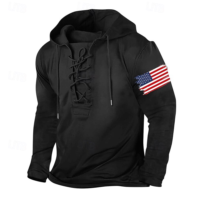 Men's Hoodie Red & Black Black+ Army Green Black Red Hooded American US Flag Drawstring Sports & Outdoor Daily Holiday Streetwear Basic Casual Spring &  Fall Clothing Apparel Hoodies Sweatshirts2