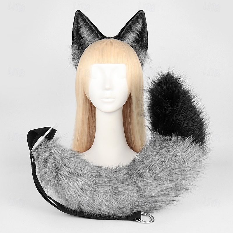 Animal Cosplay Costumes Faux Fur Cat Fox Wolf Furry Tail and Ears Headband for Carnival Party Costume Accessories4