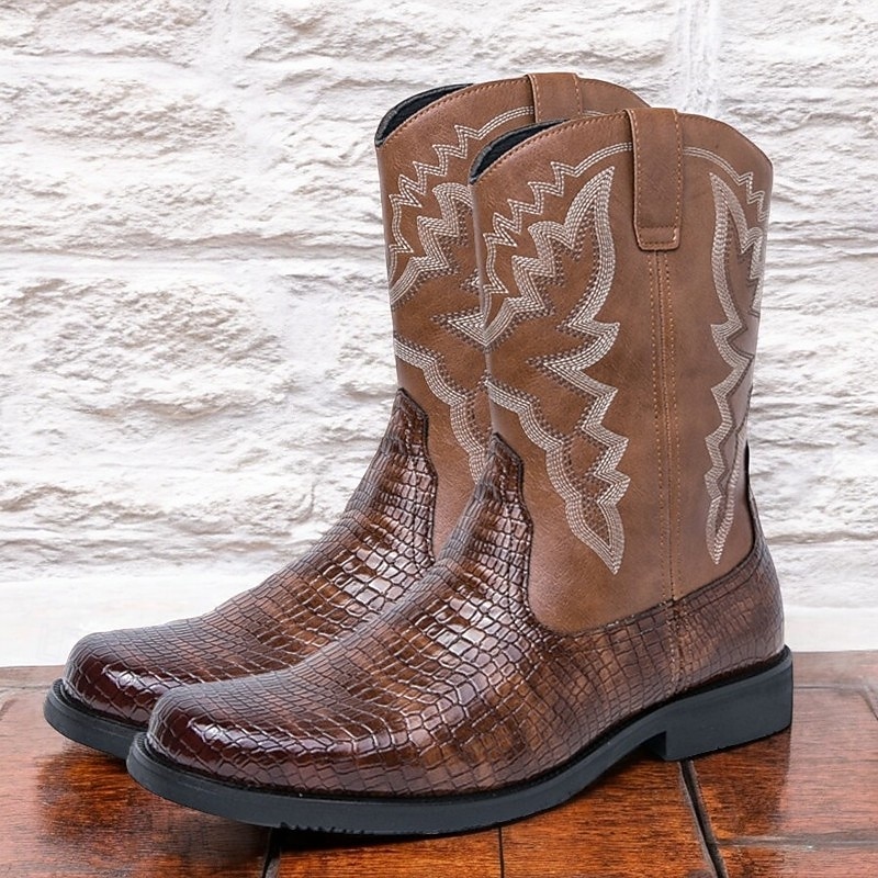 Men's Brown Western Cowboy Boots with Crocodile Texture and Embroidered Faux Leather Upper, Perfect for Ranch and Outdoor Wear