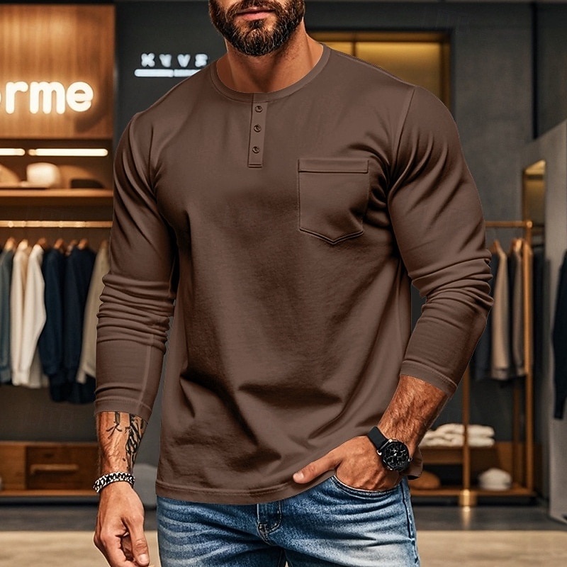 Men's Button T Shirt T Shirt Henley Shirt Tee Long Sleeve Henley Spring &  Fall Plain Fashion Designer Basic Pocket Vacation Street Going out Black White Blue Top Tee for Men