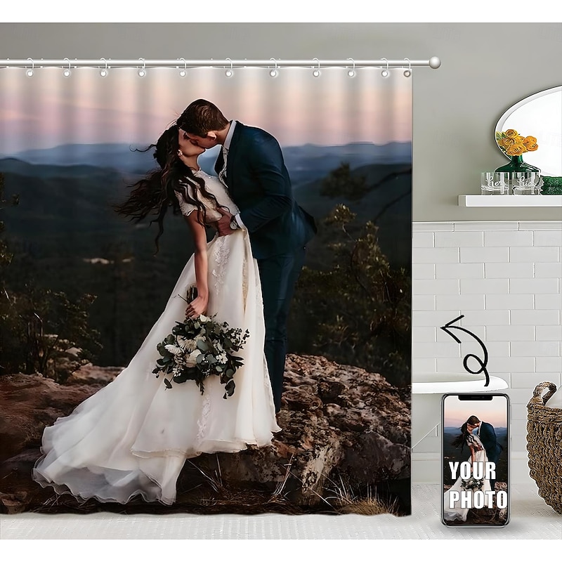 Personalized Photo Shower Curtain with 12 Hooks- Custom Wedding Gift for Couple Wedding Gift Bathroom Decor Fabric Waterproof Washable Upload Your Image Photo Picture for Bathroom Hotel