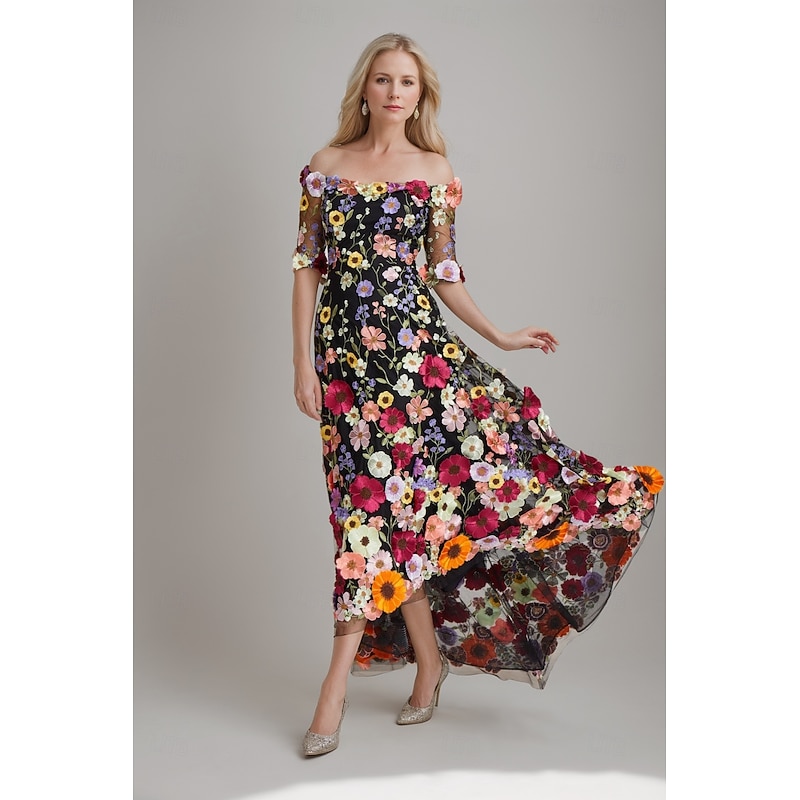 A-Line Wedding Guest Dresses Beach Wedding Floral Dress Semi Formal Garden Party Floor Length Half Sleeve Off Shoulder Fall Wedding Guest Tulle with Embroidery