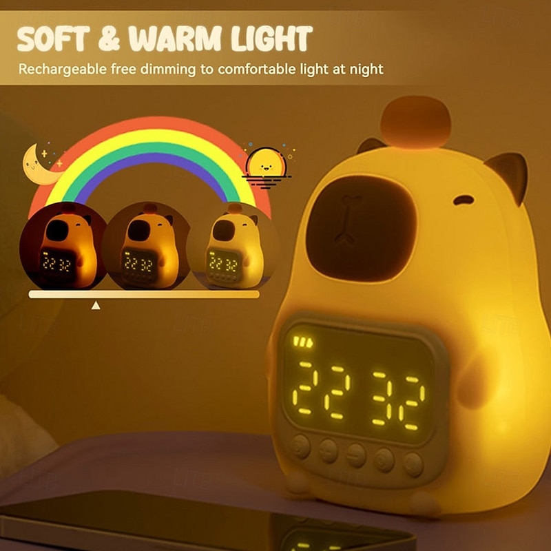 Capybara LED Night Light with Alarm Clock Night Lamp Cute Shape Charging Timing Snooze Lighting Desktop Decoration RGB White Table Lamp Nursery Light for Children Bedside Bedroom Decor Dimmable Clock Gifts