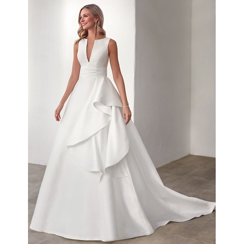 Wedding Dresses A-Line V Neck Sleeveless Floor Length Satin Bridal Gowns With Appliques Solid Color