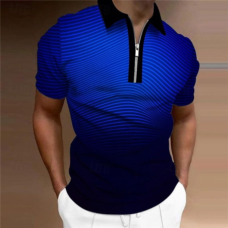 Men's Striped Zip Polo Shirts Golf Shirt Short Sleeve Polo Shirts Collared Shirts Business Casual Vacation Wear Formal Wear Festival Wear 3D Print Quarter Zip Polo Red Blue Purple