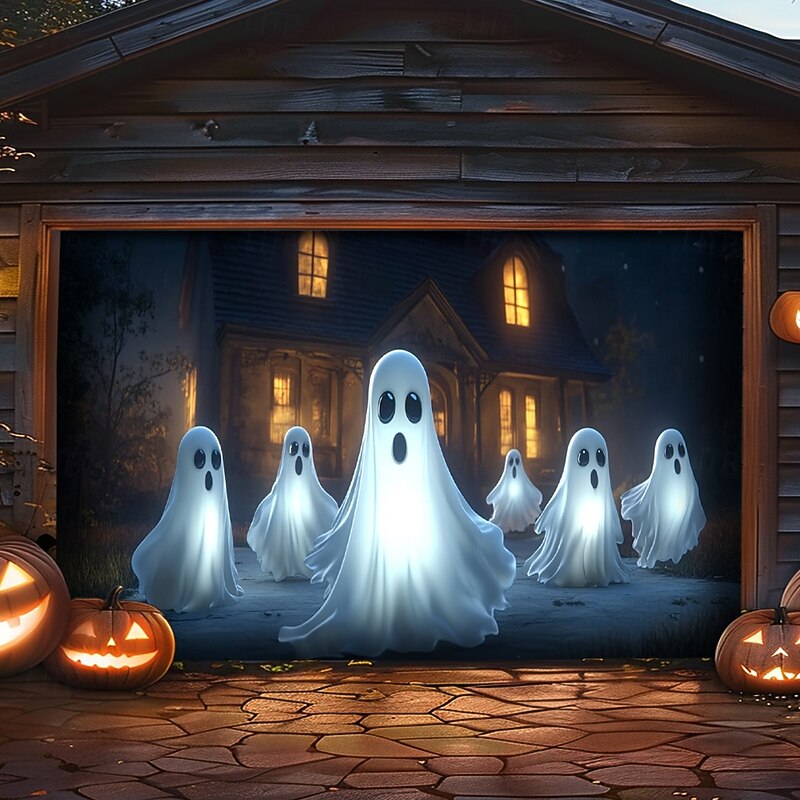 Halloween Door Decorations Outdoor Halloween Garage Door Cover Ghosts Banner Pumpkin Skeleton Outside Large Backdrop Decoration for Holiday Outdoor Garage Door Home Wall Decorations 15