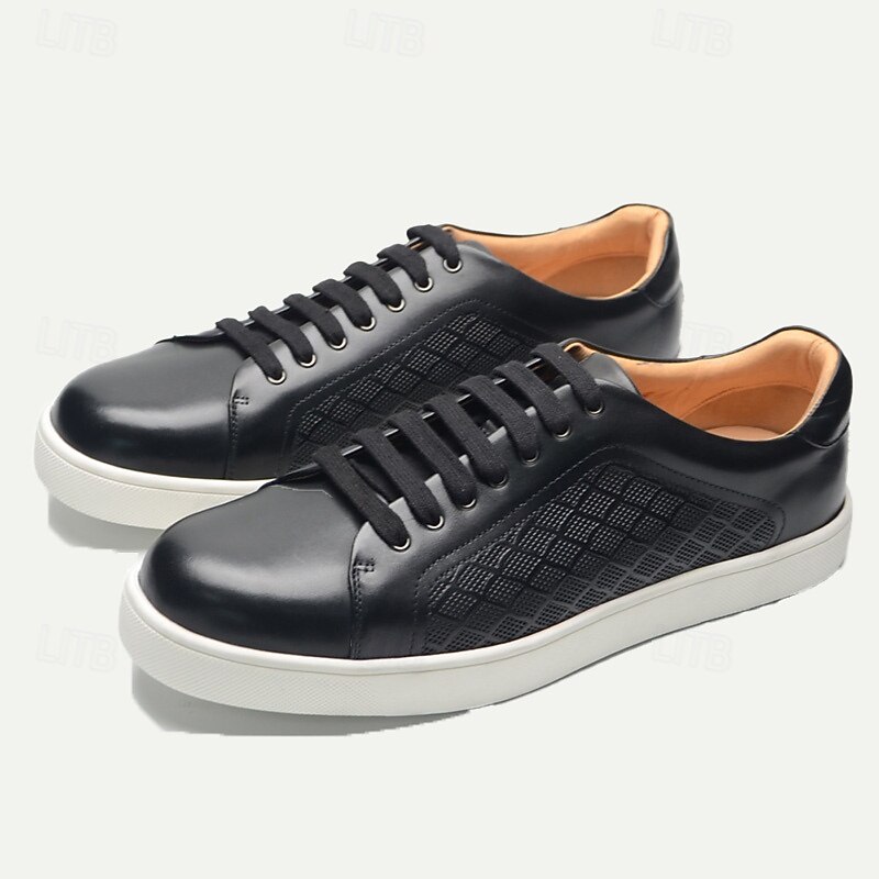 Men's Black Leather Sneakers with Mesh Panel Design - Casual Lace-Up Low-Top Shoes for Everyday Wear2