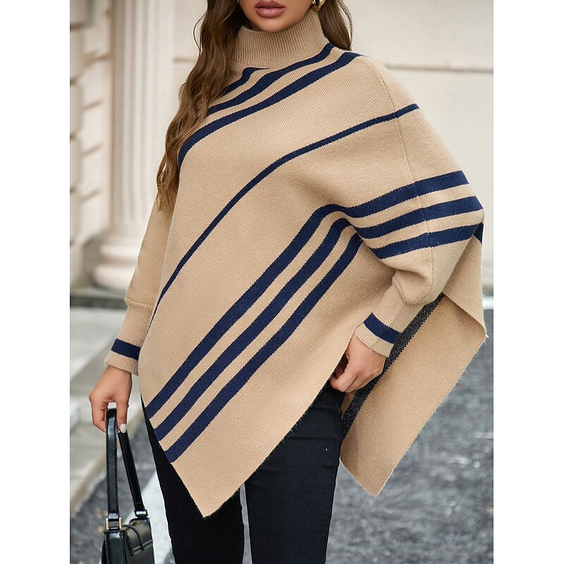 Women's Sweater Jacket Casual Soft Geometric Turtleneck Patchwork Long Sleeve Long Tops Knit Outdoor Daily Weekend Khaki Fall Winter3