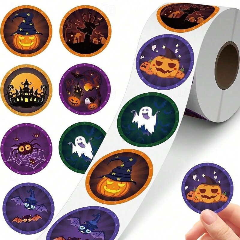 500pcs Assorted Halloween Stickers – Pumpkin, Ghost, Bat, and Spider Designs for Party Decorations, Gift Wrapping, Invitations, Cups, Notebooks, Cupcake Toppers - Main Image