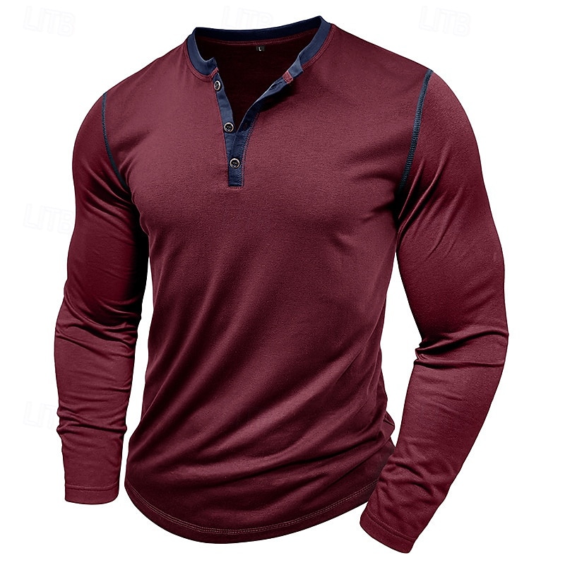 Men's Button T Shirt T Shirt Henley Shirt Tee Long Sleeve Henley Spring &  Fall Color Block Fashion Designer Basic Patchwork Vacation Street Going out Wine Black White Top Tee for Men2