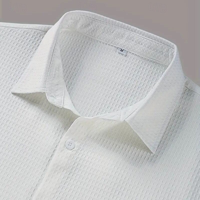 Men's Waffle Shirt Summer Shirt Casual Shirt Waffle Knit Shirt White Light Green Pink Dark Gray Apricot Long Sleeve Fashion Solid / Plain Color Turndown Vacation Holiday Clothing Apparel Cotton2
