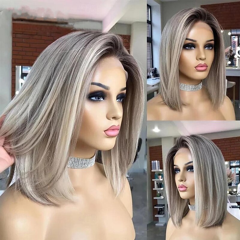 Remy Human Hair 13x4 Lace Front Wig Bob Short Bob Side Part Brazilian Hair Straight Dark Gray Multi-color Wig 130% 150% 180% Density with Baby Hair Natural Hairline 100% Virgin With Bleached Knots