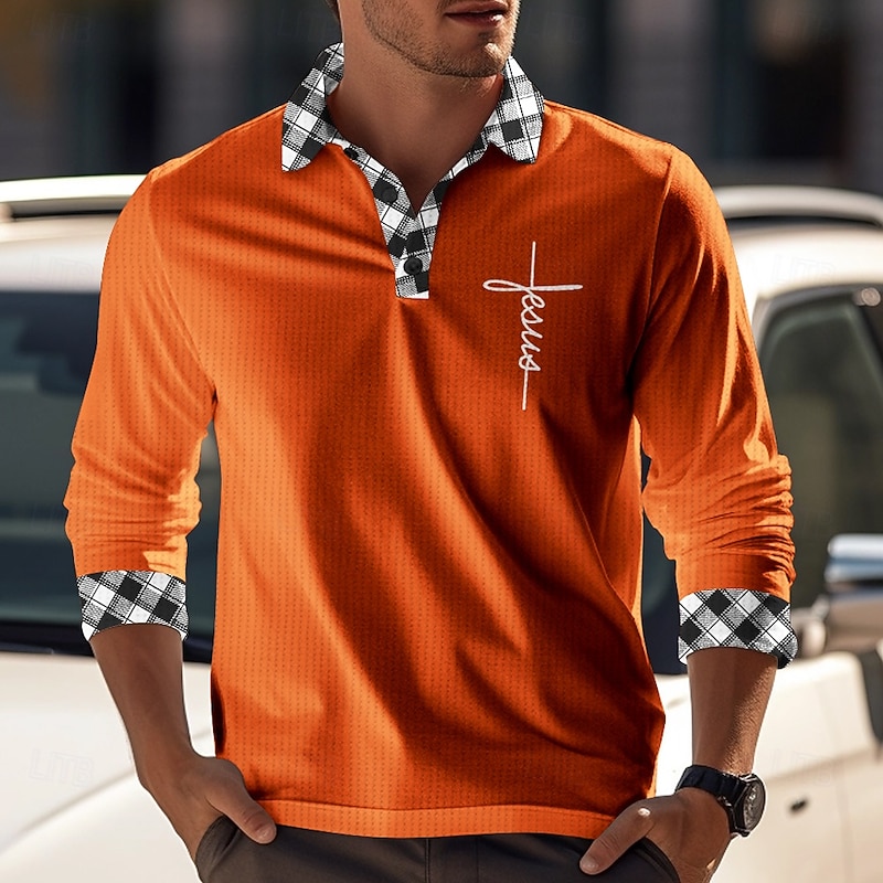 Men's Faith Waffle Polo Shirts Golf Shirt Long Sleeve Polo Shirts Collared Shirts Casual Vacation Wear Party Outfits Buttons 3D Print Spring & Summer Black White Orange