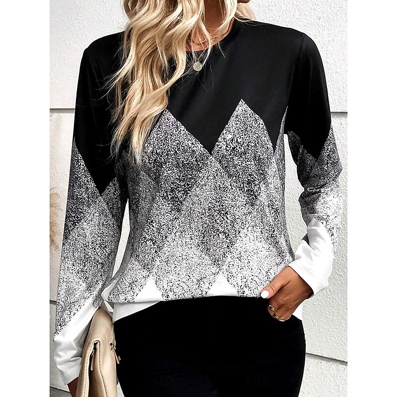 Women's T shirt Long Sleeve Crew Neck Long Sleeve Tunic Casual Print Regular Tops Daily Black Spring Fall Prefall4