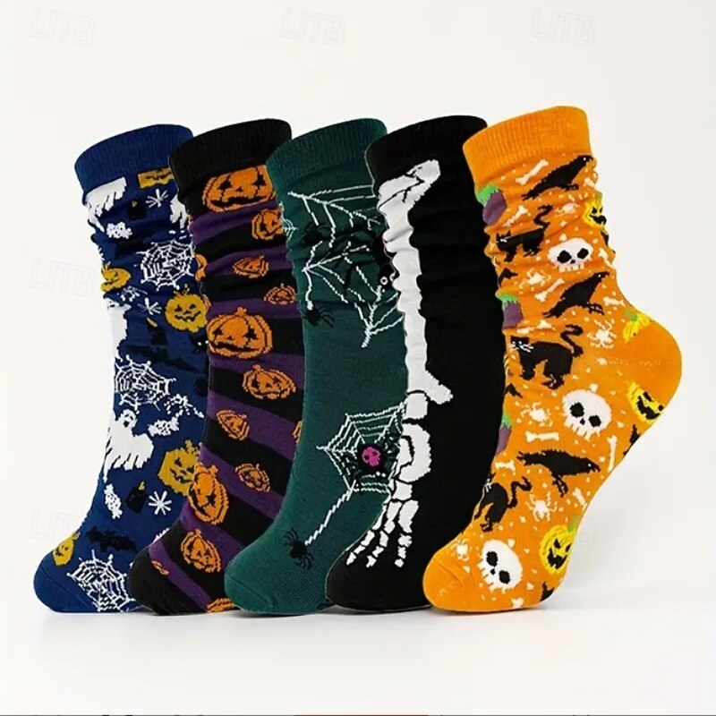 5 Pairs Halloween Skull & Pumpkin Cartoon Print Casual Socks – Sweat-Absorbent Fall & Winter Floor Socks for Men and Women, Casual Socks Set