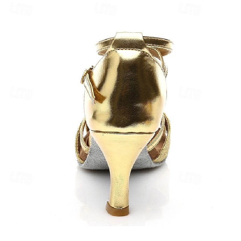Women's Gold Glitter Dance Sandals with Ankle Strap and Mid Heel High Heel - Perfect for Ballroom and Latin Dance3