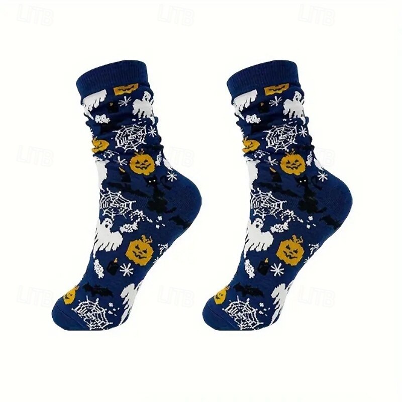 5 Pairs Halloween Skull & Pumpkin Cartoon Print Casual Socks – Sweat-Absorbent Fall & Winter Floor Socks for Men and Women, Casual Socks Set4