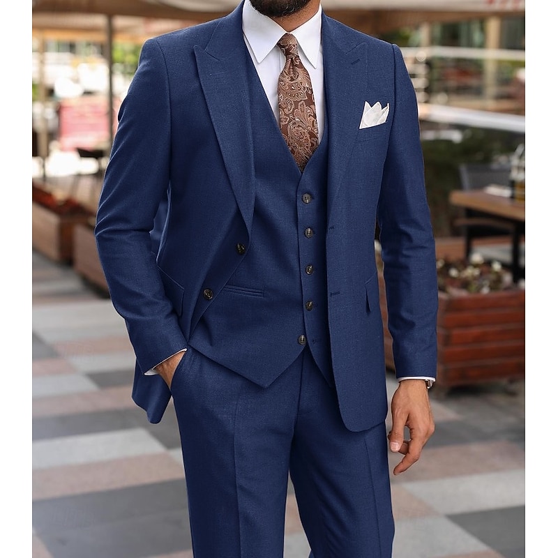 Men's Wedding Suits Peak Dark Blue Coffee Solid Colored Tailored Fit 3 Piece Single Breasted Two-buttons2