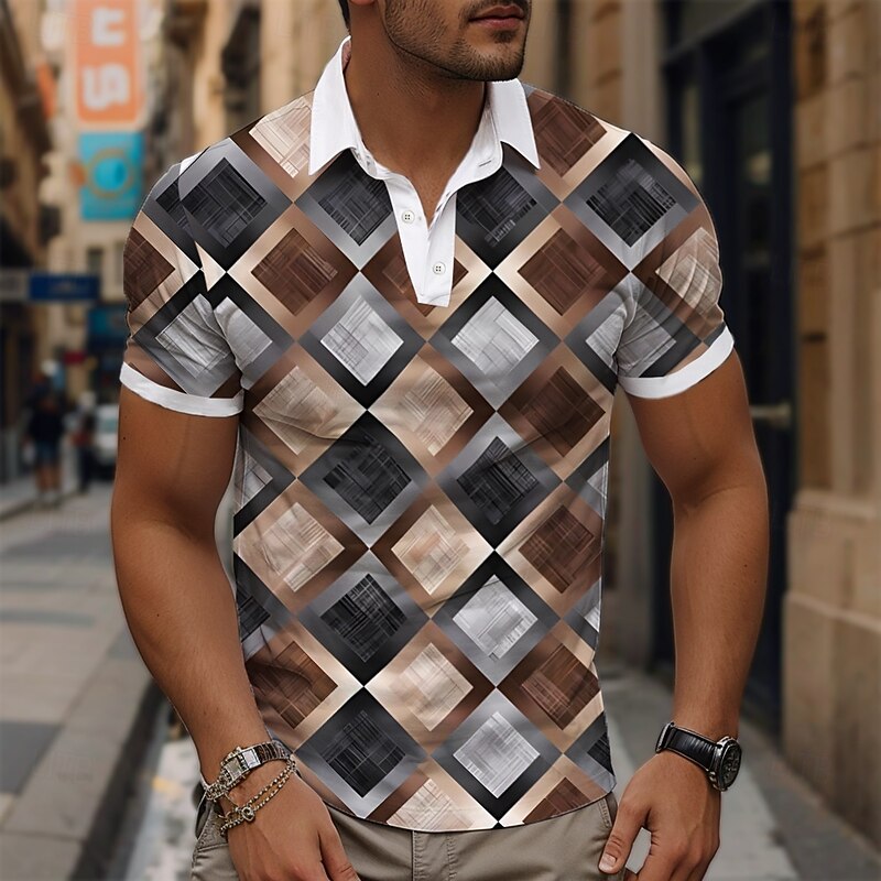 Men's Geometric Golf Shirt Short Sleeve Polo Shirts Collared Shirts Vintage Casual Vacation Wear Formal Wear Festival Wear Buttons 3D Print Summer Brown