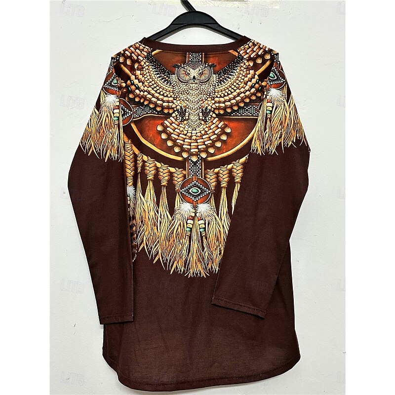 Women's T Shirt Vintage Ethnic Print Long Sleeve Regular Tops Crew Neck Vacation Brown Spring Fall4