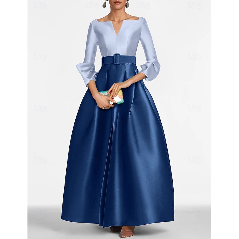 A-Line Evening Gown Elegant Dress Black Tie Floor Length 3/4 Length Sleeve V Neck Pocket Satin with Slit4