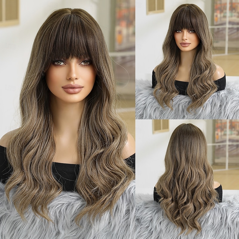 Synthetic Wig Wavy Bouncy Curl Middle Part With Bangs Wig 24 inch Dark Brown Synthetic Hair Women's Elastic Comfortable With Bangs Dark Brown