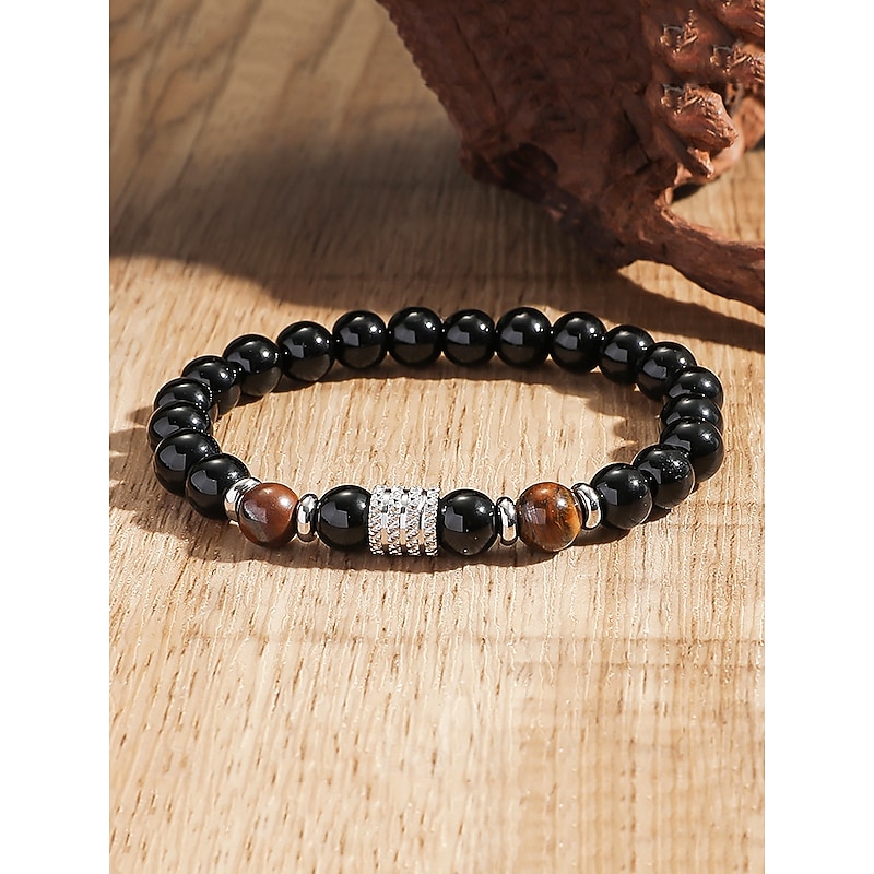 Men's Natural Stone and Stainless Steel Beaded Bracelet - Tiger Eye and Black Onyx - Stylish and Durable Accessory