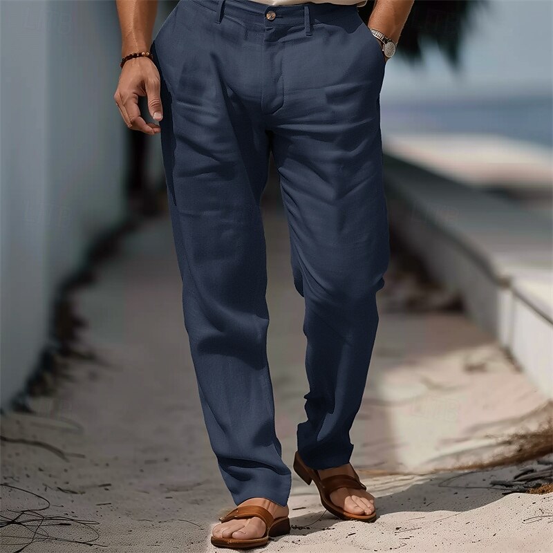 Men's Linen Pants Trousers Dress Pants Summer Pants Beach Pants Front Pocket Straight Leg Plain Comfort Breathable Full Length Formal Business Holiday Fashion Basic White Navy Blue3