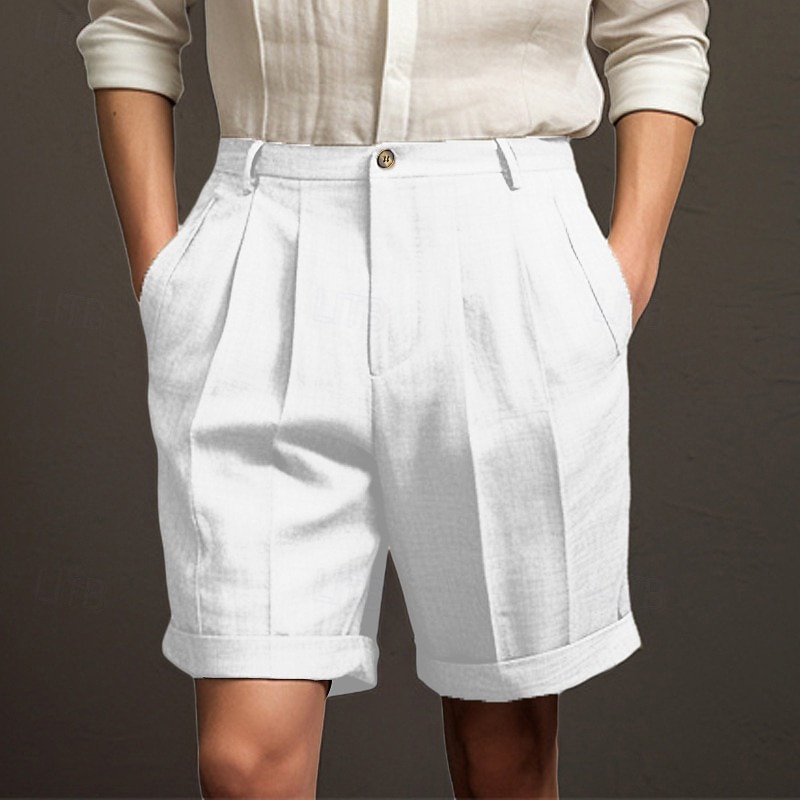 Men's Shorts Linen Shorts Dress Shorts Summer Shorts Pleated Shorts Pocket Buttons Pleats Plain Comfort Breathable Short Casual Daily Holiday Fashion Designer Black White2
