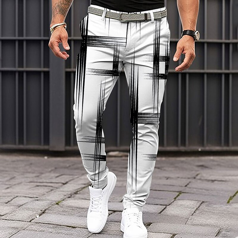 Men's Geometric Dress Pants Mid Waist Business Casual Formal Dailywear Pocket Summer Spring Black And White