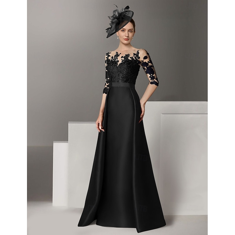A-Line Mother of the Bride Evening Gown Elegant Dress Wedding Guest Sweep / Brush Train Long Sleeve Scoop Neck Stretch Satin with Appliques4