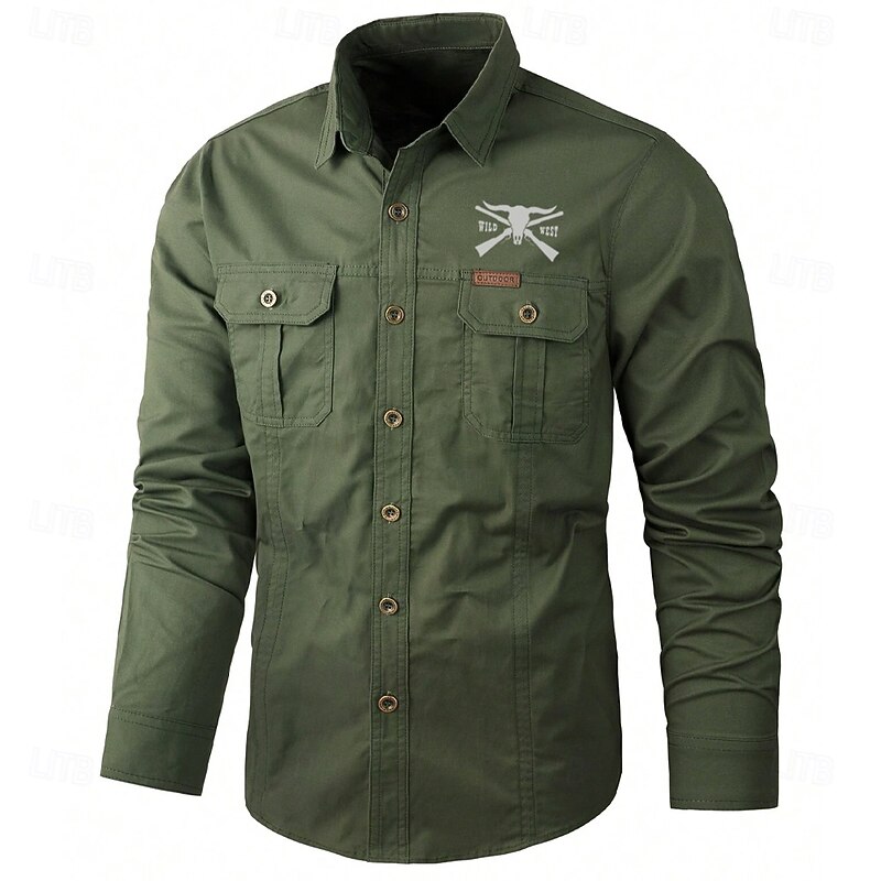 Men's Cow Print Work Shirt Western Shirt Cargo Shirt Long Sleeve Casual Tactical Sports & Outdoor Going out Winter Spring &  Fall Turndown Print Black Army Green Khaki Beige2