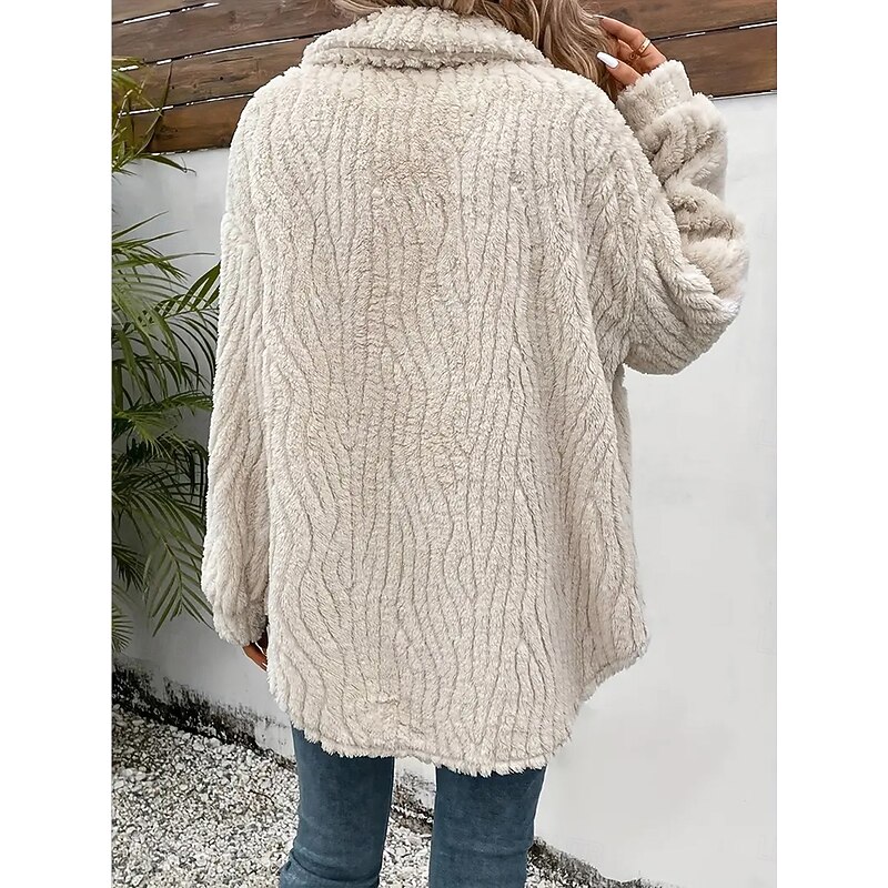 Women's Fleece Jacket Teddy Coat Warm Breathable Buttons Pocket Casual Plain Vacation Street Daily Wear Going out Cardigan Turndown Regular Fit Long Sleeve Outerwear Apricot Fall Winter3